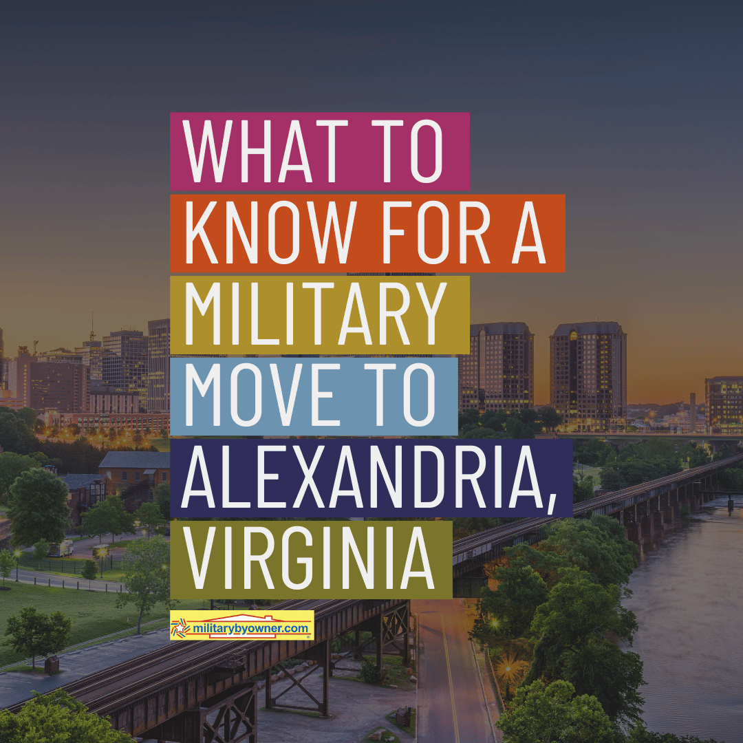 Alexandria Virginia with pastel sky and text What to Know for a Military Move to Alexandria, Virginia 