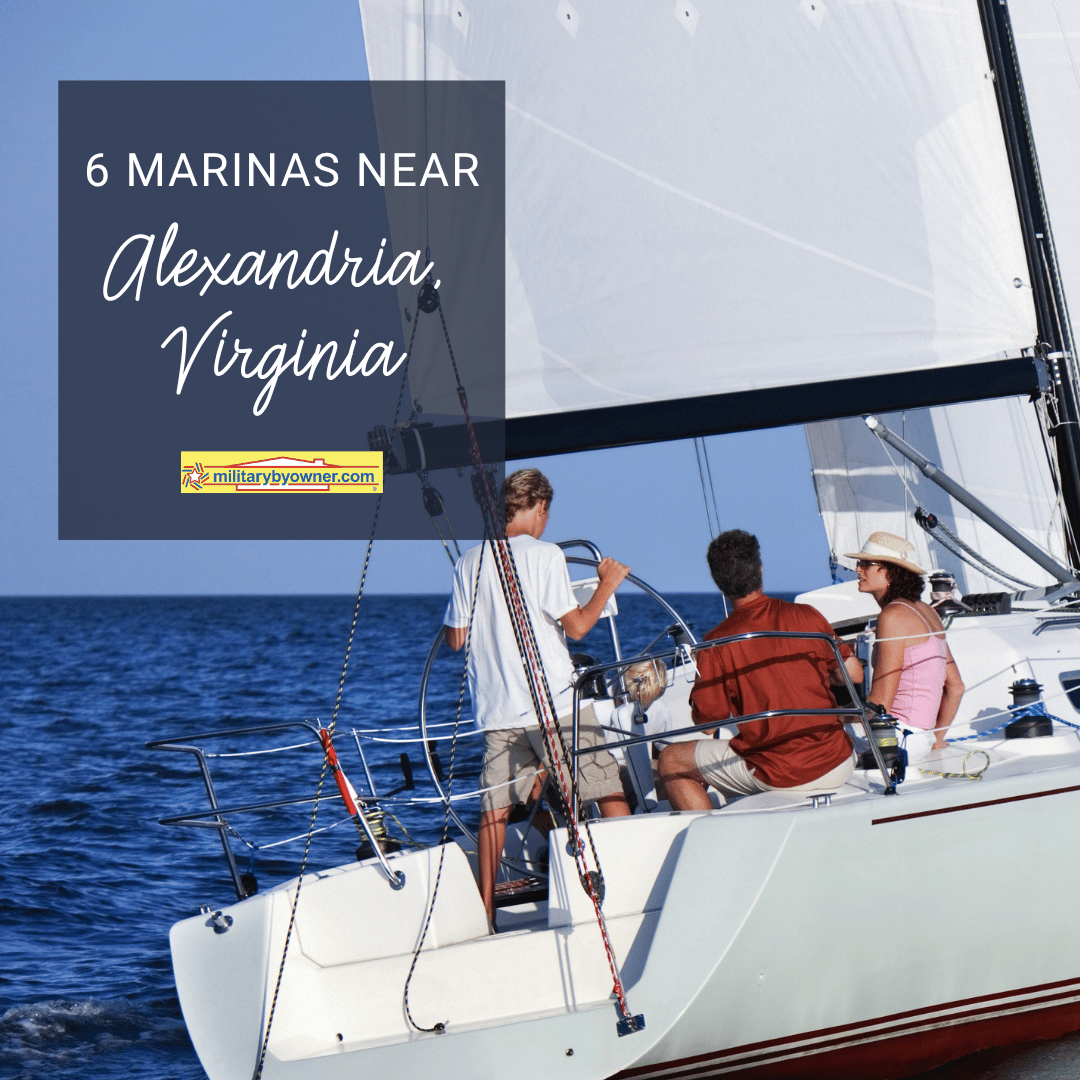 People on white sail boat over blue water and text 6 Marinas Near Alexandria, Virginia