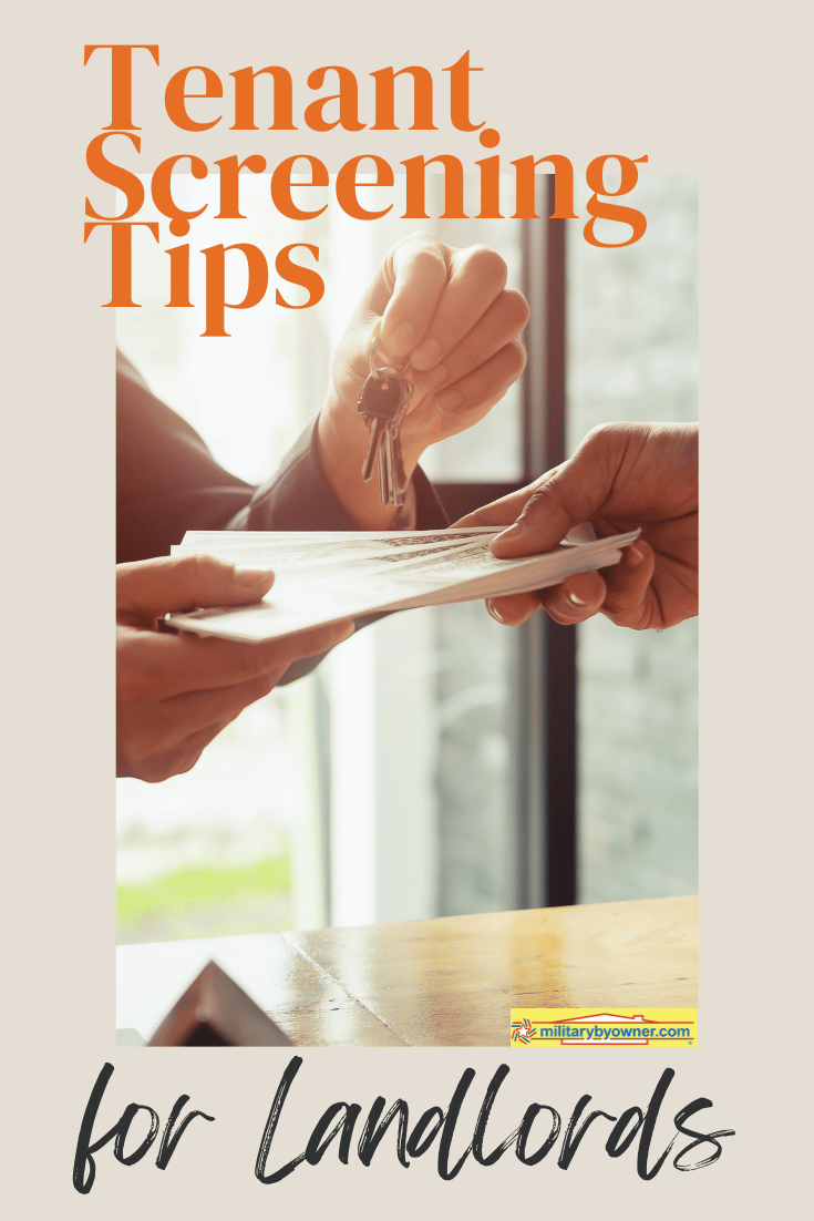 Two people exchanging paperwork for house keys with text Tenant Screening Tips for Landlords