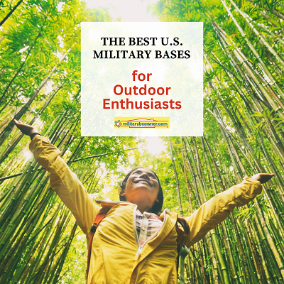 woman with hands raised toward sun among tall trees linked to The_Best_U.S._Military_Bases_for_Outdoor_Enthusiasts_(Instagram_Post_(Square))