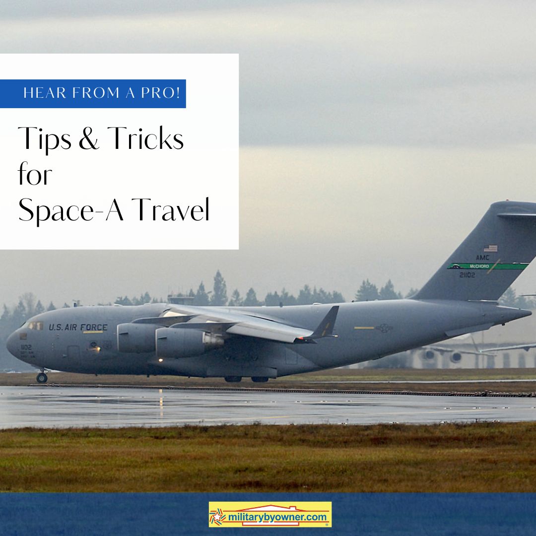 military transport plane on runway with text Tips___Tricks_for_Space-A_Travel_(Instagram_Post)