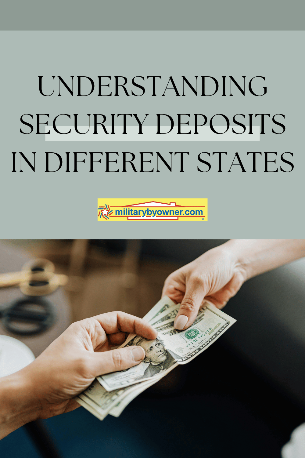 Hands exchanging cash with text Understanding Security Deposits in Different States