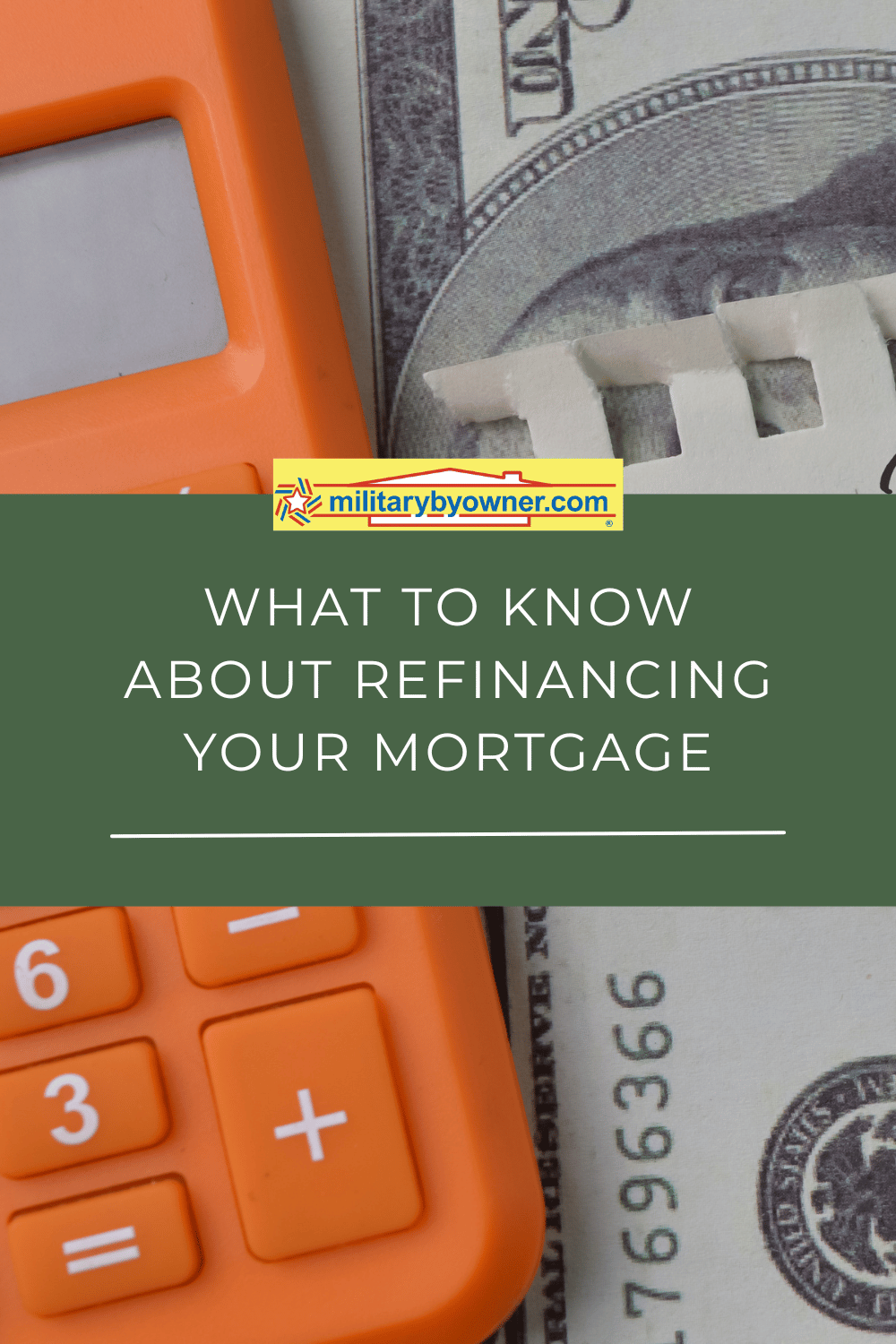 Orange calculator sitting next to cash with text, What to Know About Refinancing Your Mortgage