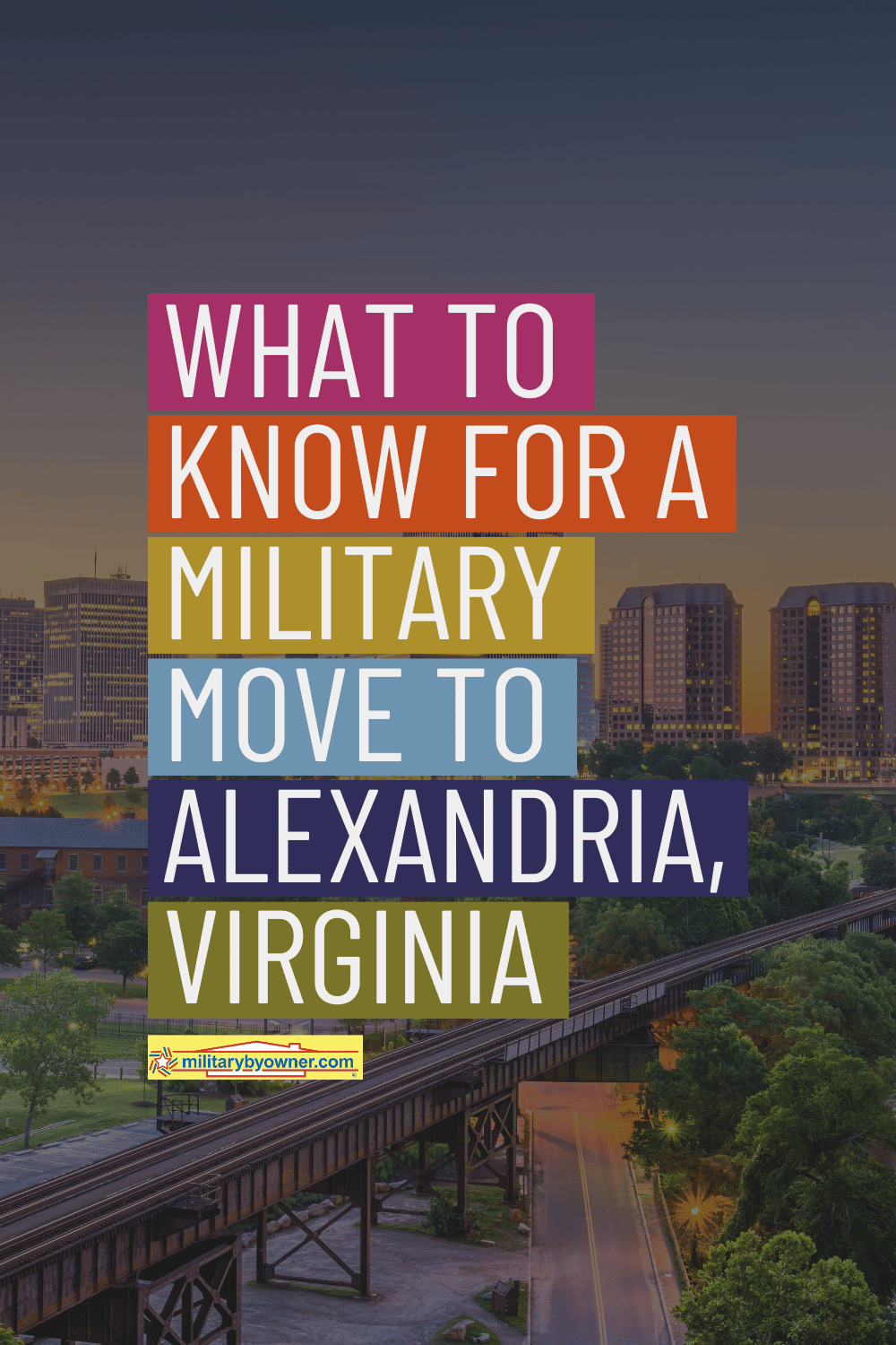 View of Alexandria, Virginia with water and pastel sky and text What to Know for a Military Move to Alexandria, Virginia