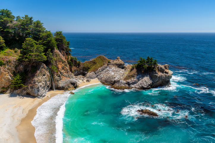 Big Sur in California with view of clear blue ocean, rocks, and beach