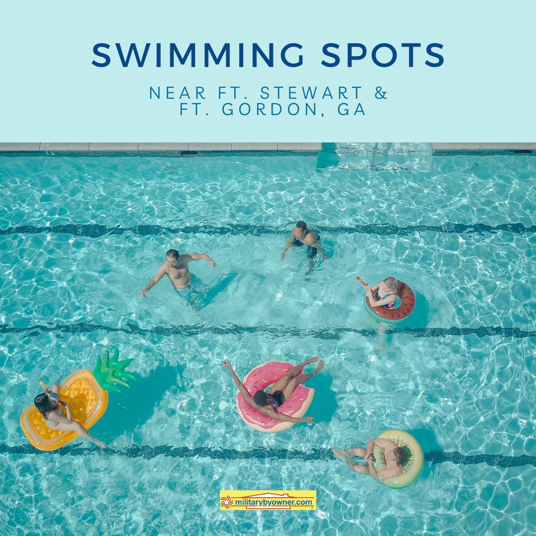 children playing in pool's blue water with text swimming_spots_near_fort_stewart_and_fort_eisenhower_(Instagram_Post)