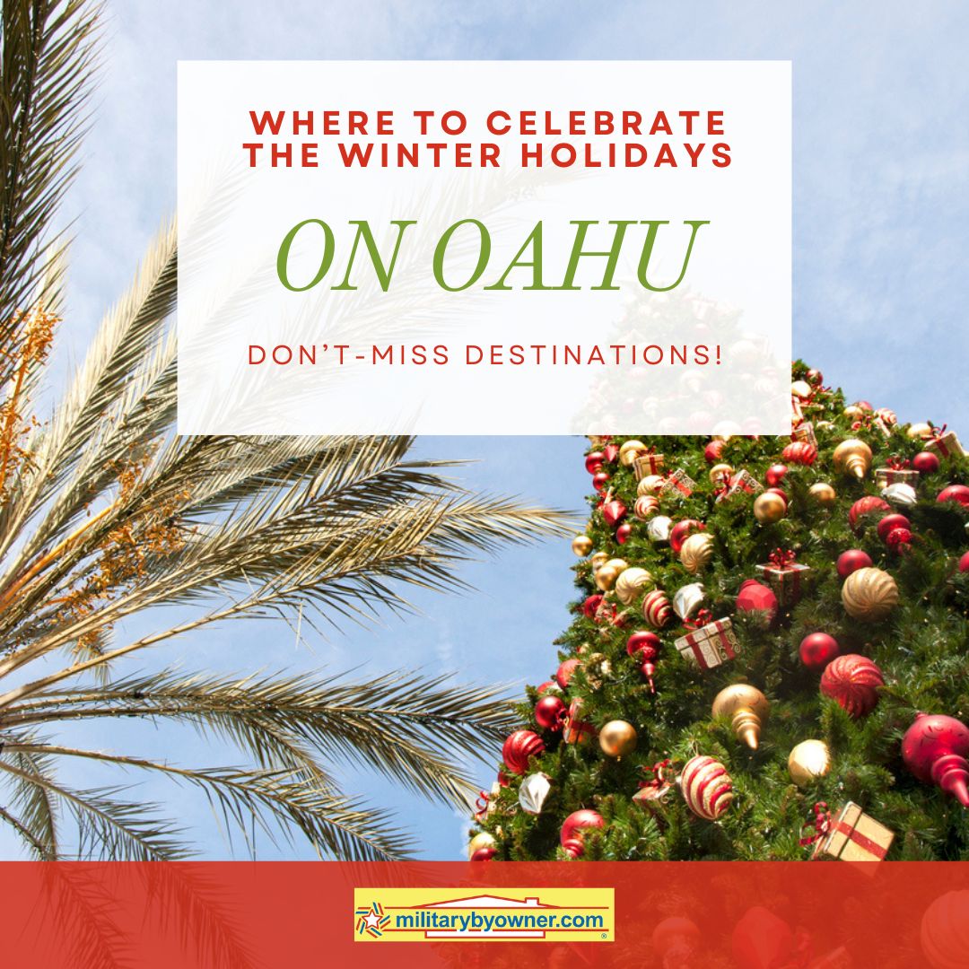 view of christmas tree decorated with ornaments, palm tree and blue sky with text where_to_celebrate_the_winter_holidays_on_oahu_(Instagram_Post)