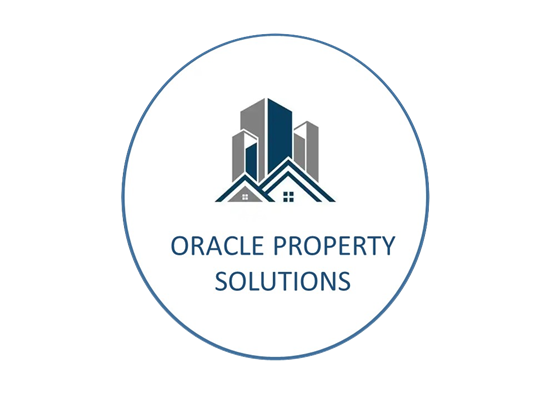Inside the circle logo, a graphic of three buildings of varying heights sits above a stylized house with a triangular roof and a small window. Below the text reads "ORACLE PROPERTY SOLUTIONS" in a clean font. The logo is shades of blue and grey. 